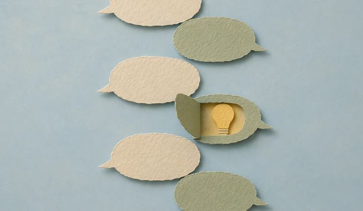 Cream and sage paper speech bubbles alternate on a pale blue surface, with one opening to reveal a yellow light bulb.