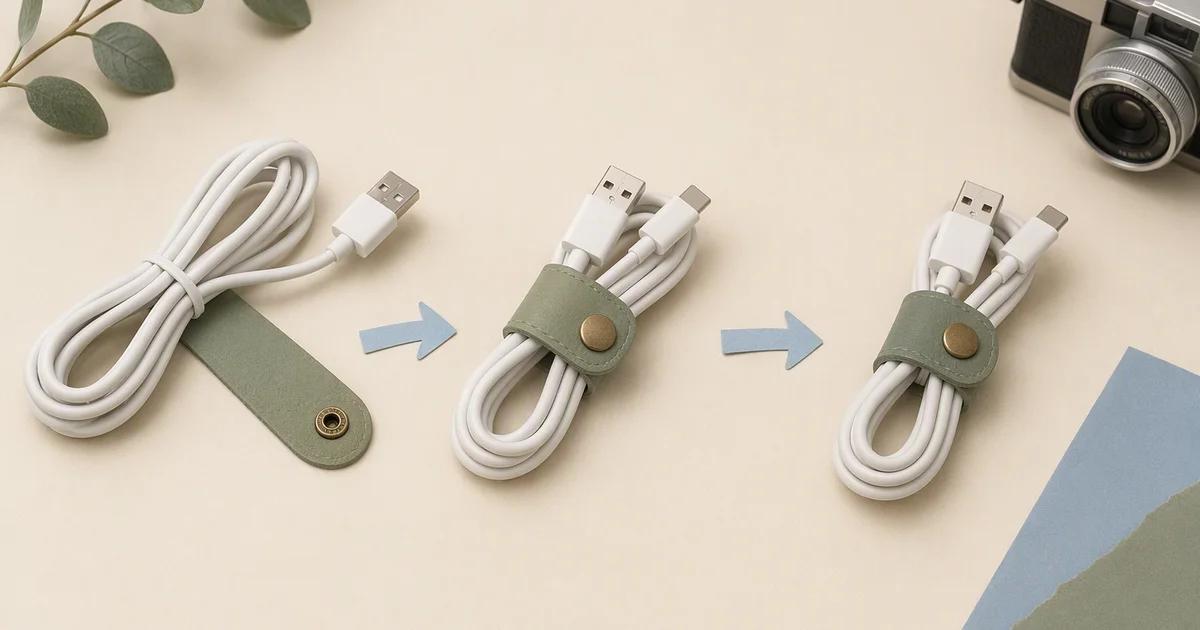 A cable wrap shown in three stages beside a camera.