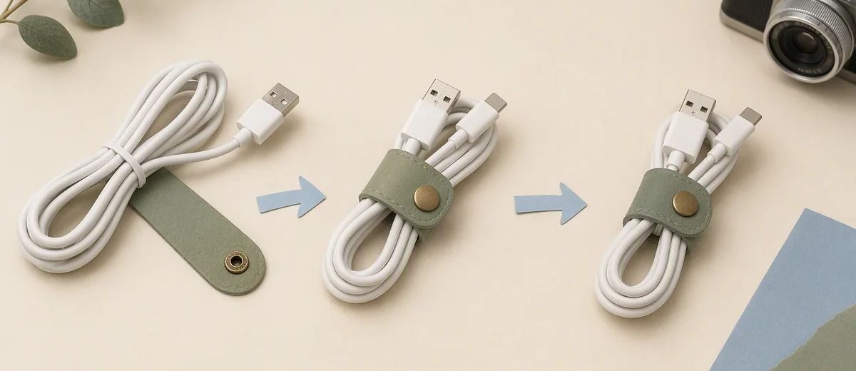 A cable wrap shown in three stages beside a camera.