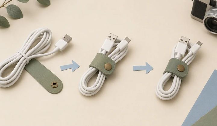 A cable wrap shown in three stages beside a camera.