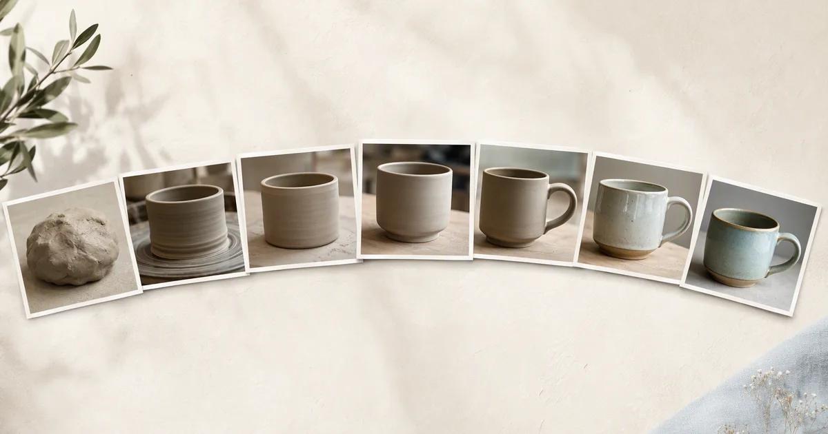 Printed photographs tracing clay through several stages into a finished cup.