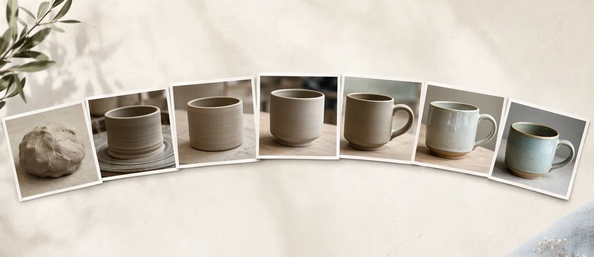 Printed photographs tracing clay through several stages into a finished cup.