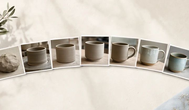 Printed photographs tracing clay through several stages into a finished cup.