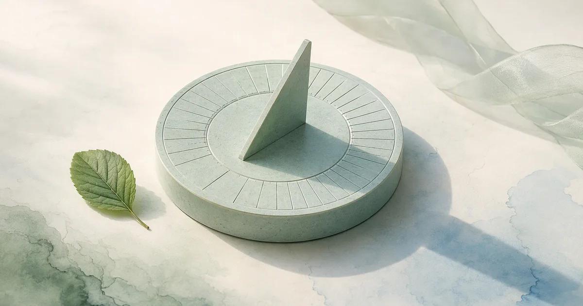 A mint sundial sculpture casts a shadow beside a green leaf on a pale surface.