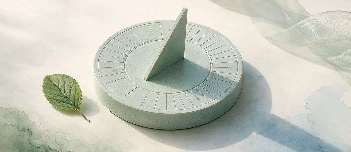 A mint sundial sculpture casts a shadow beside a green leaf on a pale surface.