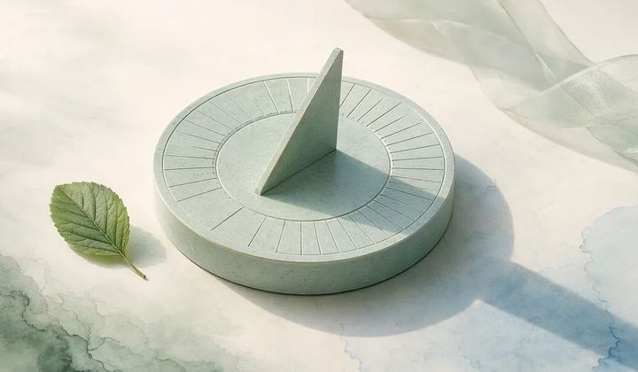 A mint sundial sculpture casts a shadow beside a green leaf on a pale surface.