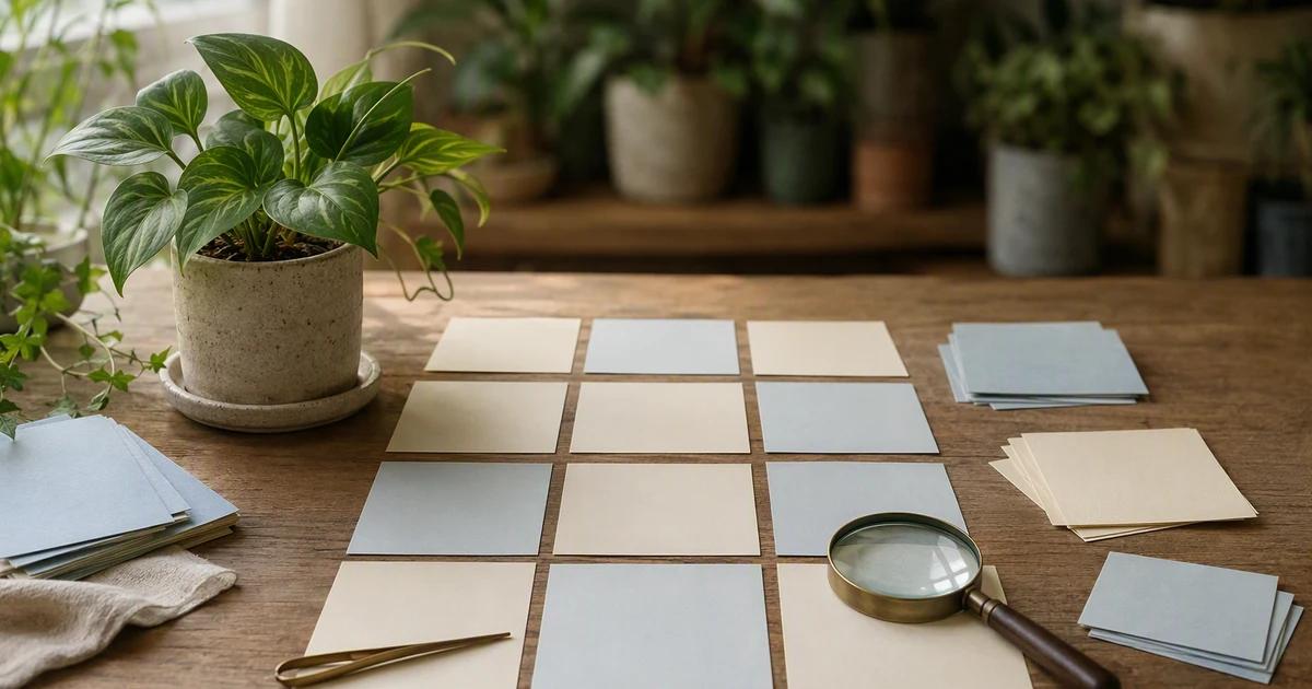 A small potted plant beside organized content cards and a magnifying glass