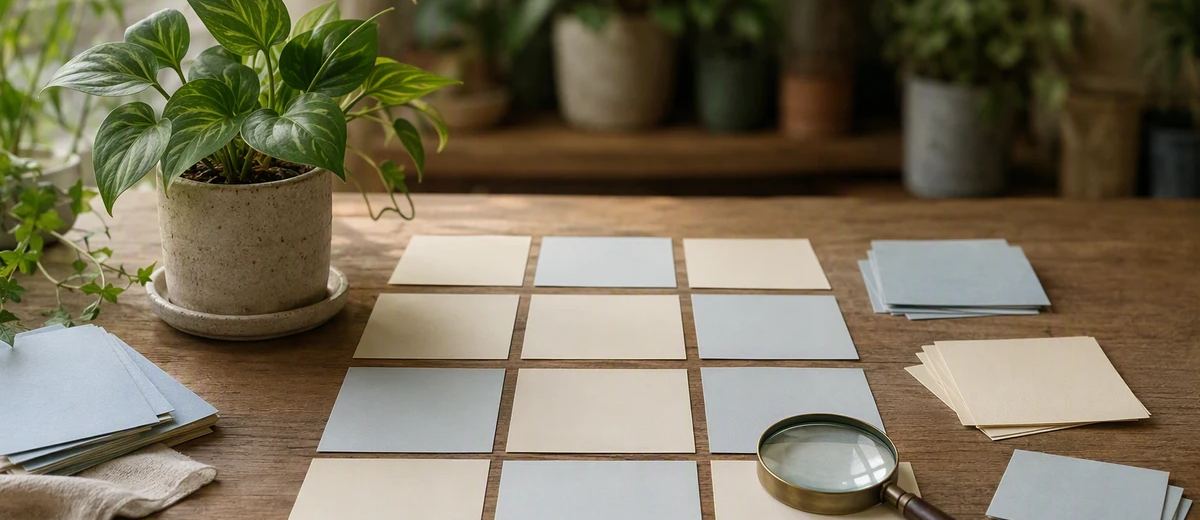 A small potted plant beside organized content cards and a magnifying glass