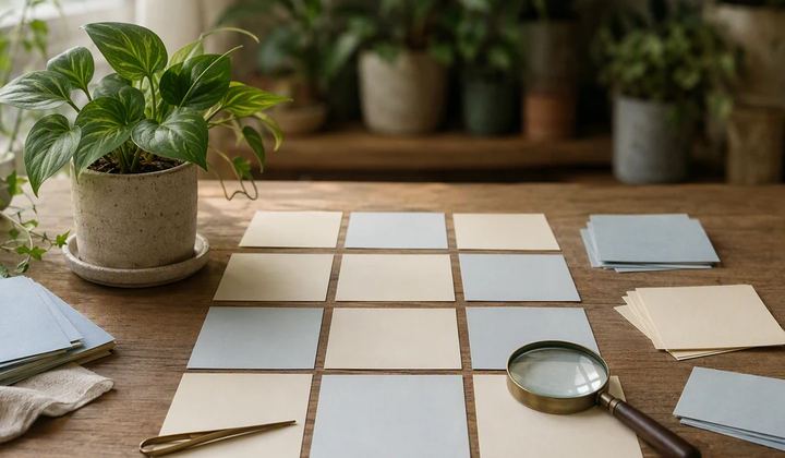 A small potted plant beside organized content cards and a magnifying glass