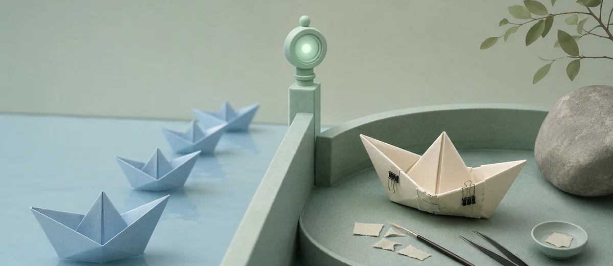 Blue paper boats run beside a mint divider, with a patched ivory boat and repair tools in a separate circular basin.