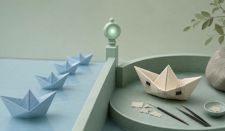 Blue paper boats run beside a mint divider, with a patched ivory boat and repair tools in a separate circular basin.