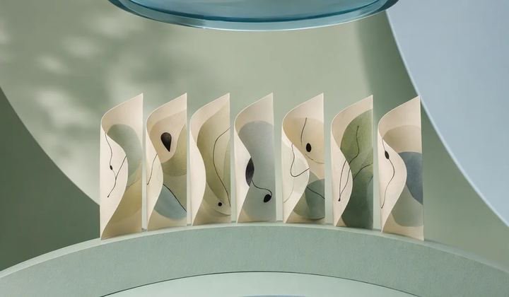 Seven curved ivory paper panels stand along a mint arc, with an overhead blue glass lens revealing their layered structure.