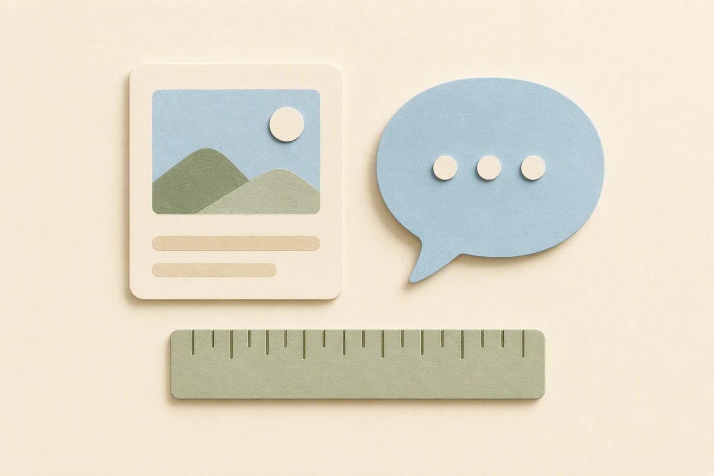 A creator’s desk balances a content card, a conversation bubble, and a small measuring ruler.