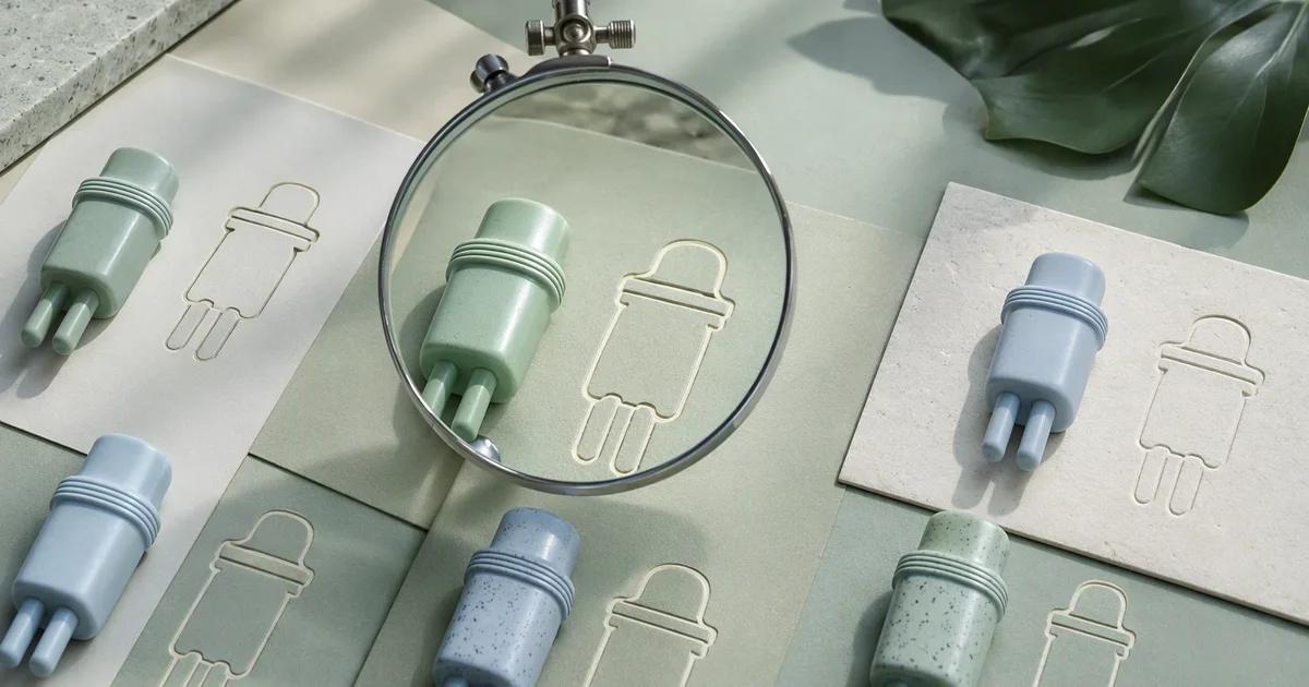 Several distinct mint and pale blue plug-like sculptures beside matching ivory outlines, with one pair aligned under a clear inspection lens
