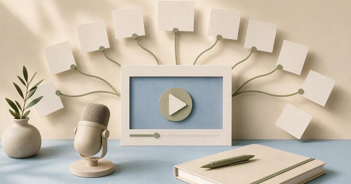 A paper video frame branching into small visual cards beside a microphone and notebook