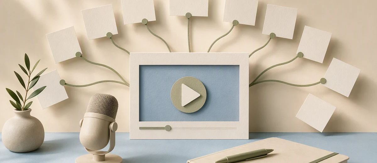 A paper video frame branching into small visual cards beside a microphone and notebook