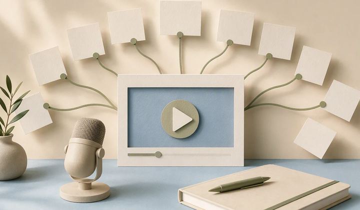 A paper video frame branching into small visual cards beside a microphone and notebook