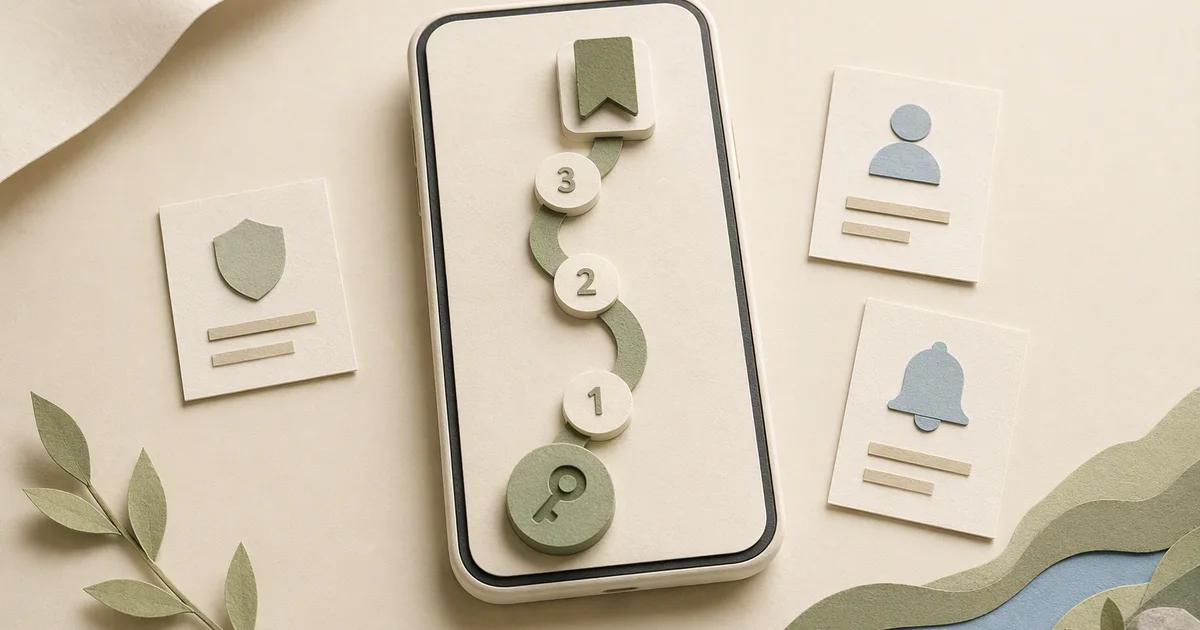 A phone-shaped object and three-step path illustrate a first saved item.