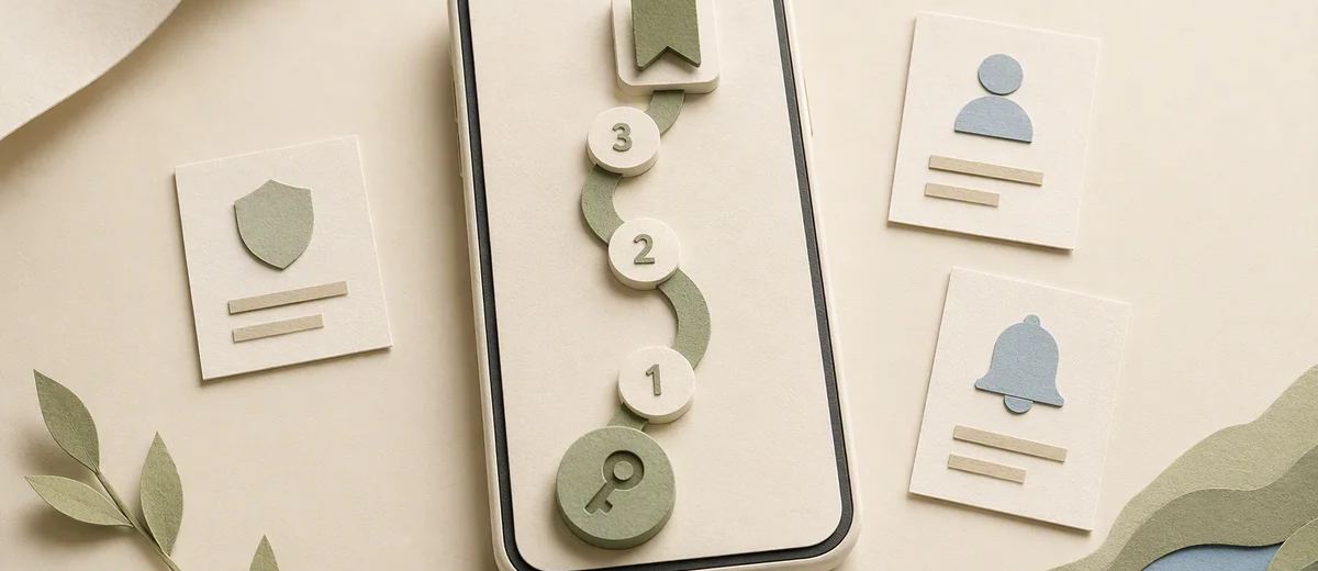 A phone-shaped object and three-step path illustrate a first saved item.