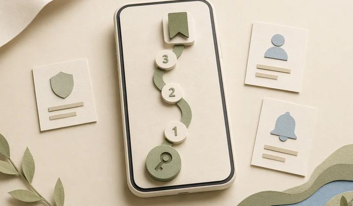 A phone-shaped object and three-step path illustrate a first saved item.
