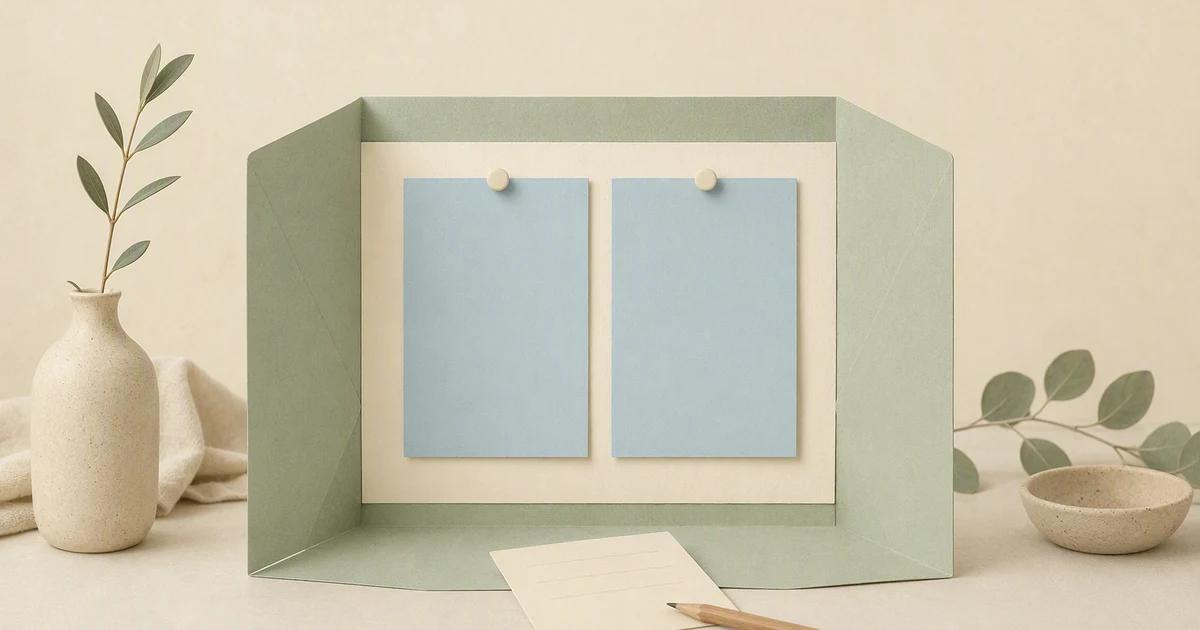 A folded paper enclosure opens toward a small public noticeboard while a review card stays beside it.