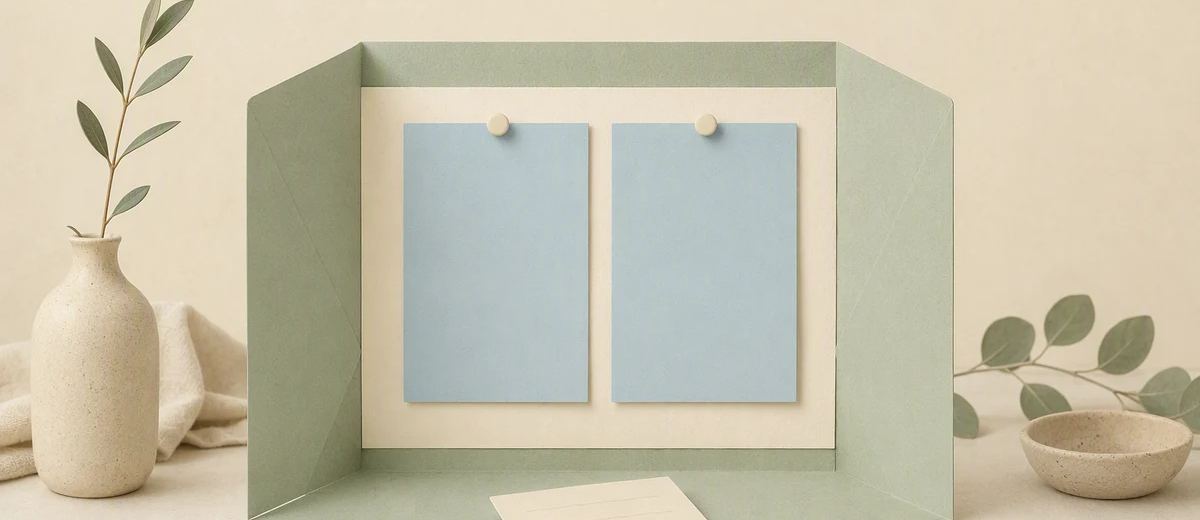A folded paper enclosure opens toward a small public noticeboard while a review card stays beside it.