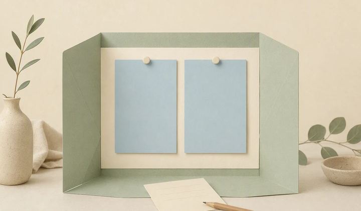 A folded paper enclosure opens toward a small public noticeboard while a review card stays beside it.