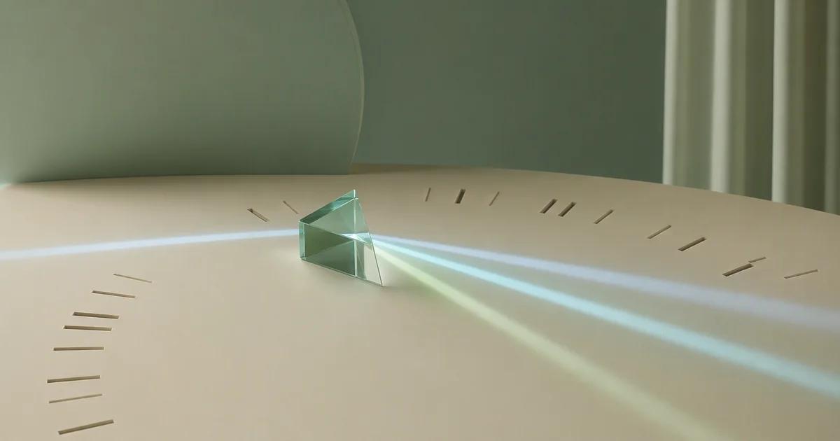 A mint glass prism casts pale blue and green light across an ivory surface marked with short radial lines.
