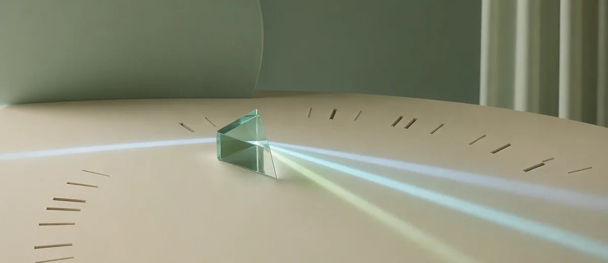 A mint glass prism casts pale blue and green light across an ivory surface marked with short radial lines.