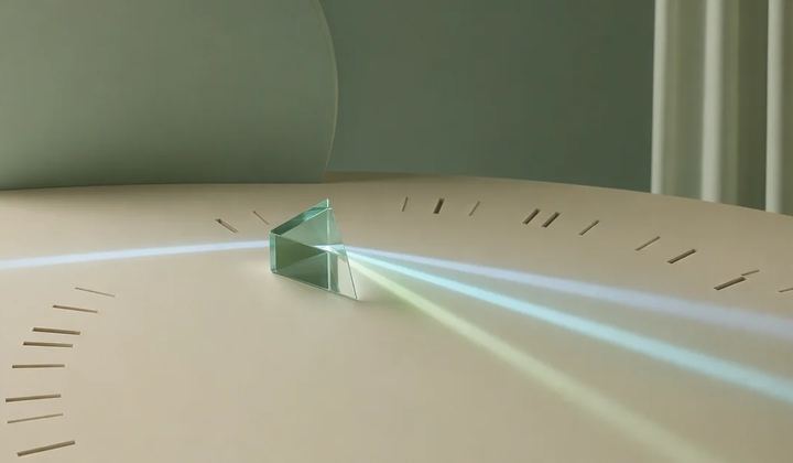 A mint glass prism casts pale blue and green light across an ivory surface marked with short radial lines.