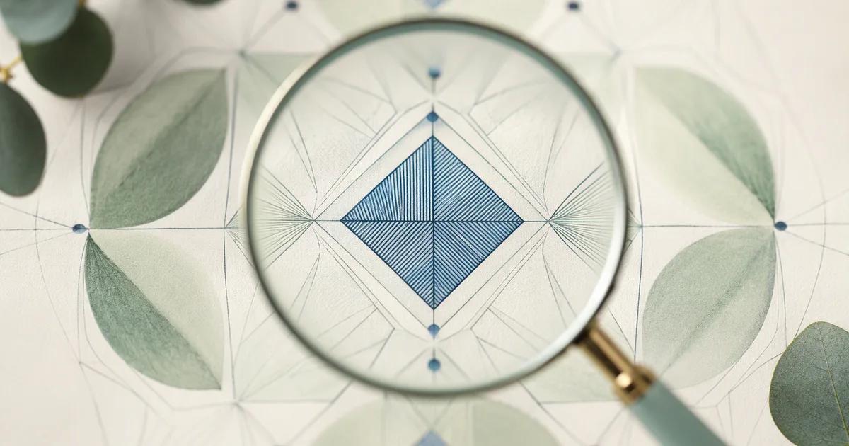 An ivory sheet under a mint optical lens revealing one sharply focused blue geometric detail while the surrounding shapes remain soft
