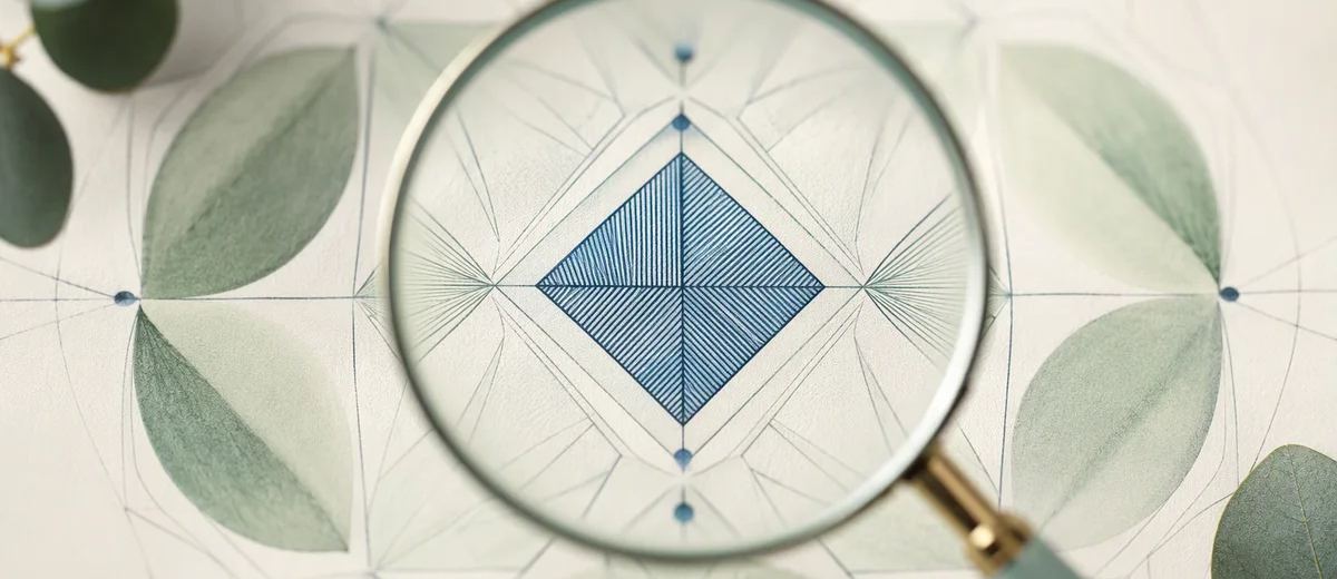 An ivory sheet under a mint optical lens revealing one sharply focused blue geometric detail while the surrounding shapes remain soft