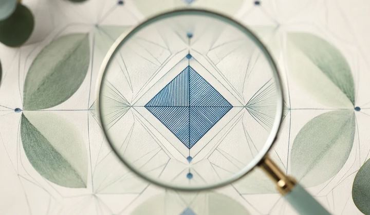 An ivory sheet under a mint optical lens revealing one sharply focused blue geometric detail while the surrounding shapes remain soft