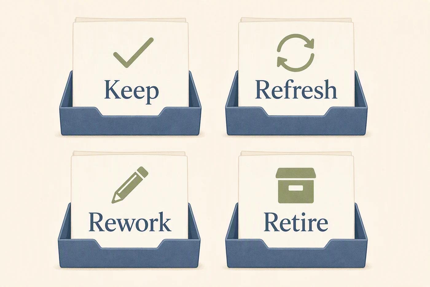 Four editorial decision cards showing keep, refresh, rework, and retire options