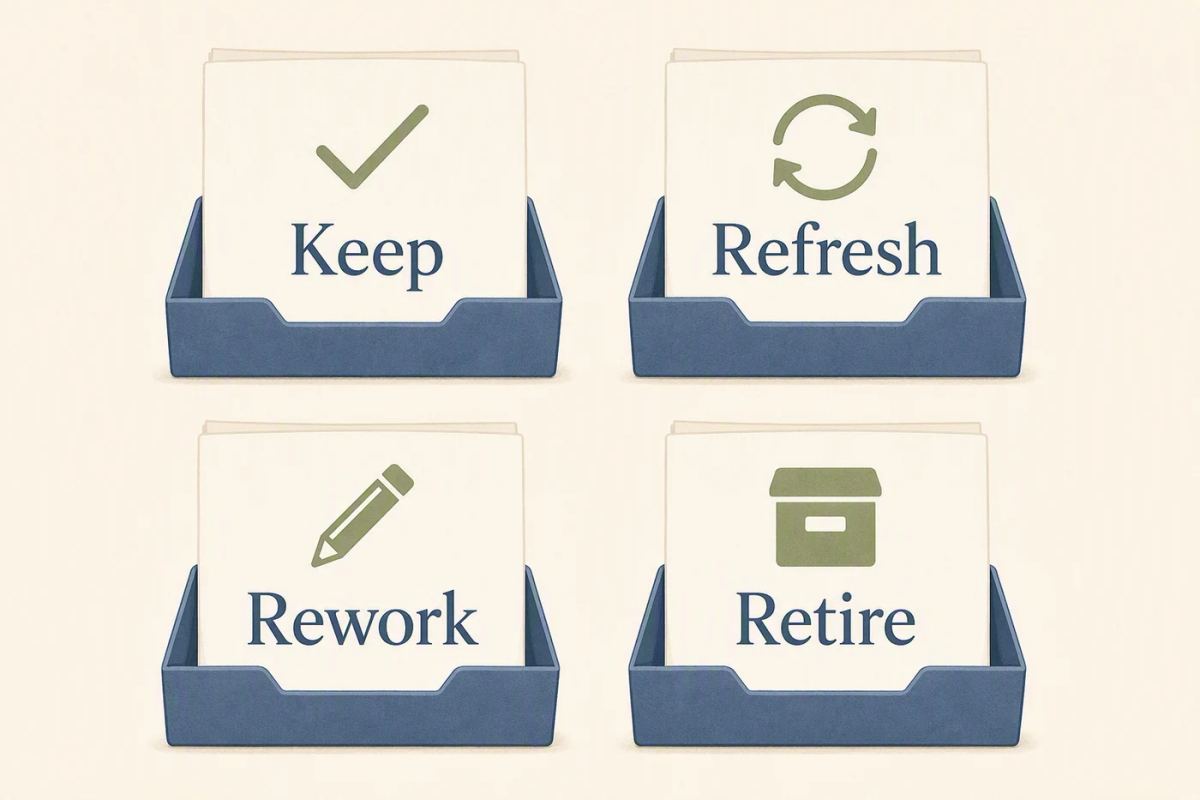 Four editorial decision cards showing keep, refresh, rework, and retire options