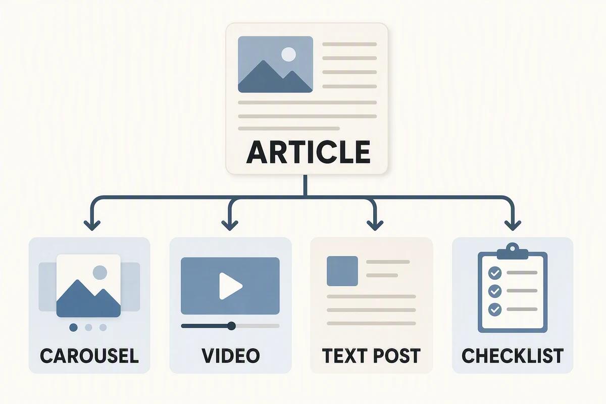 Adapt one source article into distinct formats while preserving its meaning and evidence. AI-generated infographic.