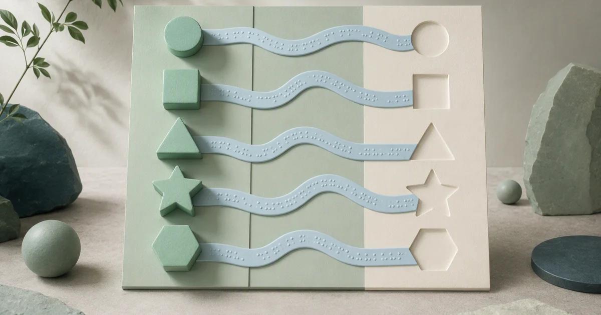 A pale blue tactile path connects raised mint shapes to matching ivory relief forms, softly lit from one side.