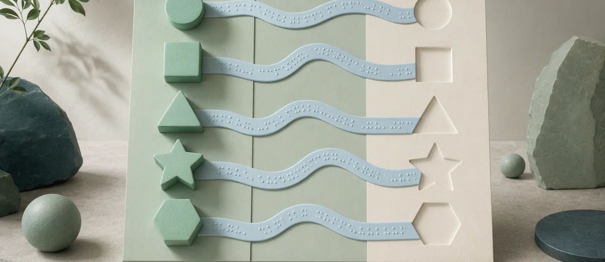 A pale blue tactile path connects raised mint shapes to matching ivory relief forms, softly lit from one side.