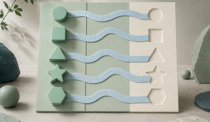 A pale blue tactile path connects raised mint shapes to matching ivory relief forms, softly lit from one side.