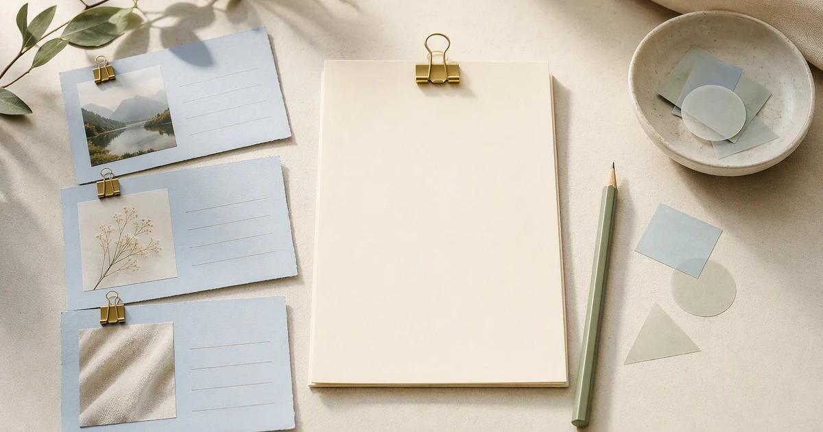 Organized source cards, a pencil, and a blank editorial brief assembled on an ivory workspace.