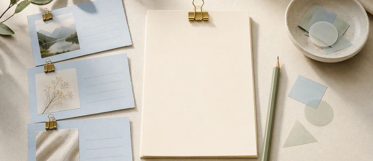 Organized source cards, a pencil, and a blank editorial brief assembled on an ivory workspace.