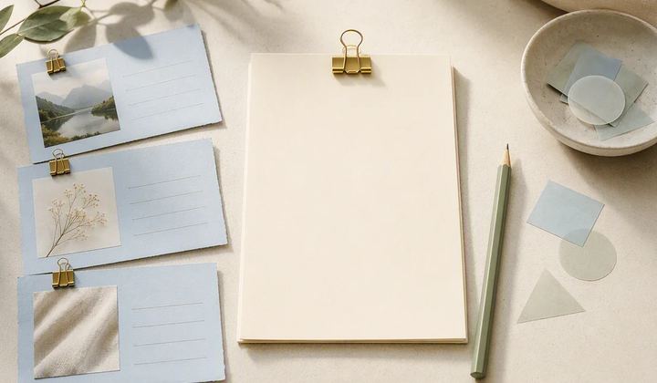 Organized source cards, a pencil, and a blank editorial brief assembled on an ivory workspace.