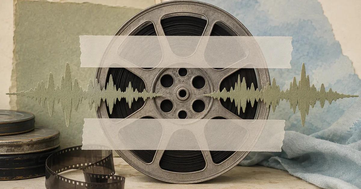 A film reel with translucent caption strips and a waveform made from sage paper.