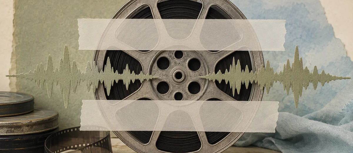 A film reel with translucent caption strips and a waveform made from sage paper.