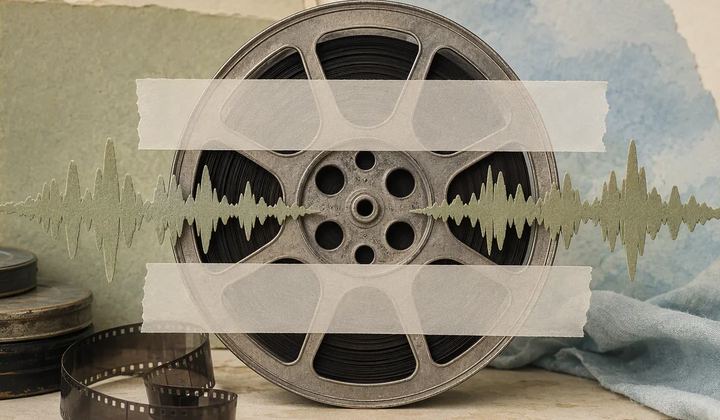 A film reel with translucent caption strips and a waveform made from sage paper.