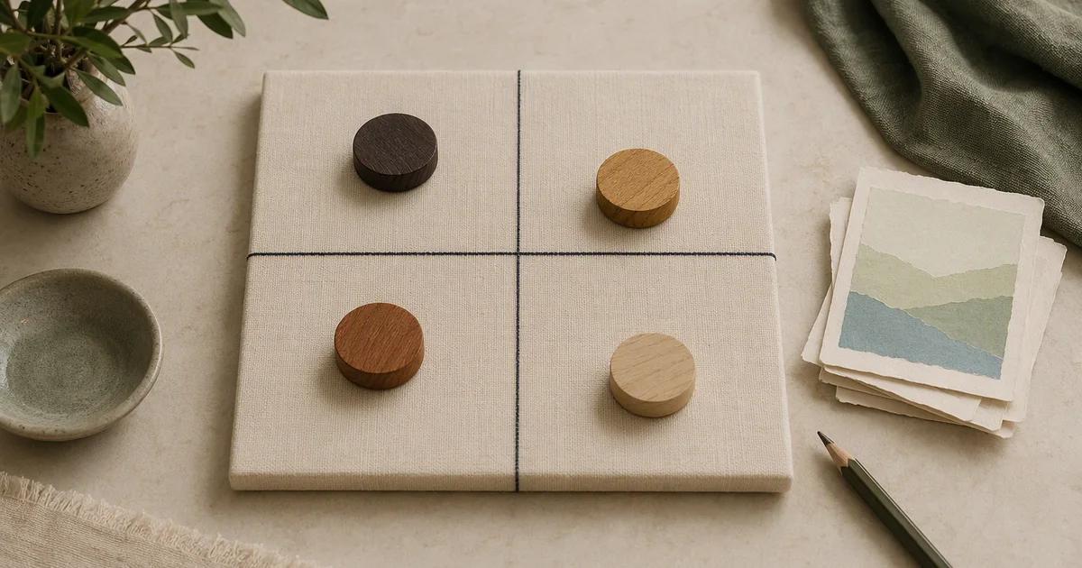 Four wooden markers sit on a linen quadrant board beside abstract paper cards.