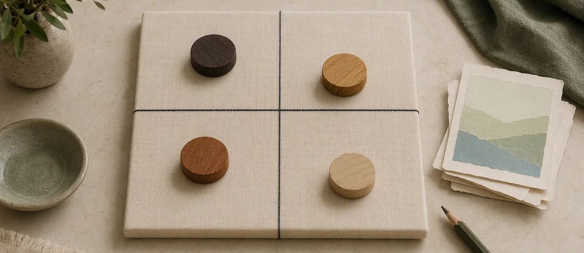 Four wooden markers sit on a linen quadrant board beside abstract paper cards.