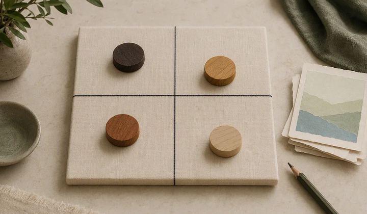 Four wooden markers sit on a linen quadrant board beside abstract paper cards.