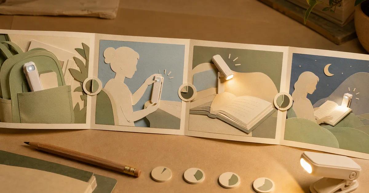 A paper storyboard maps a book-light demonstration across several rough scenes.