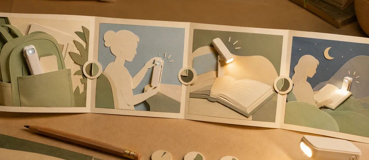 A paper storyboard maps a book-light demonstration across several rough scenes.